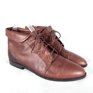 Vintage Rust Brown Genuine Leather Lace Up Fold Over Ankle Boots Booties Size 8